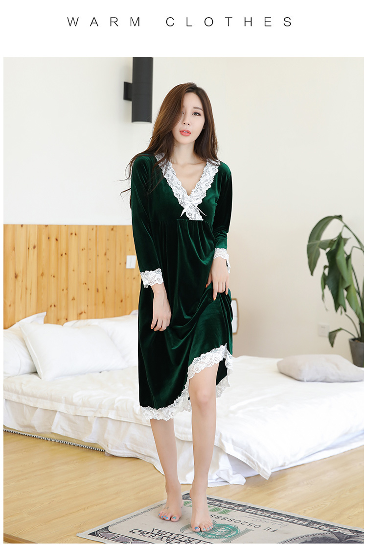 Bộ đồ ngủ bằng nhung vàng của phụ nữ mùa thu và mùa đông váy công chúa gợi cảm gió cung ren dài tay áo ngủ nữ mùa đông dài phần phiên bản Hàn Quốc váy mặc ở nhà