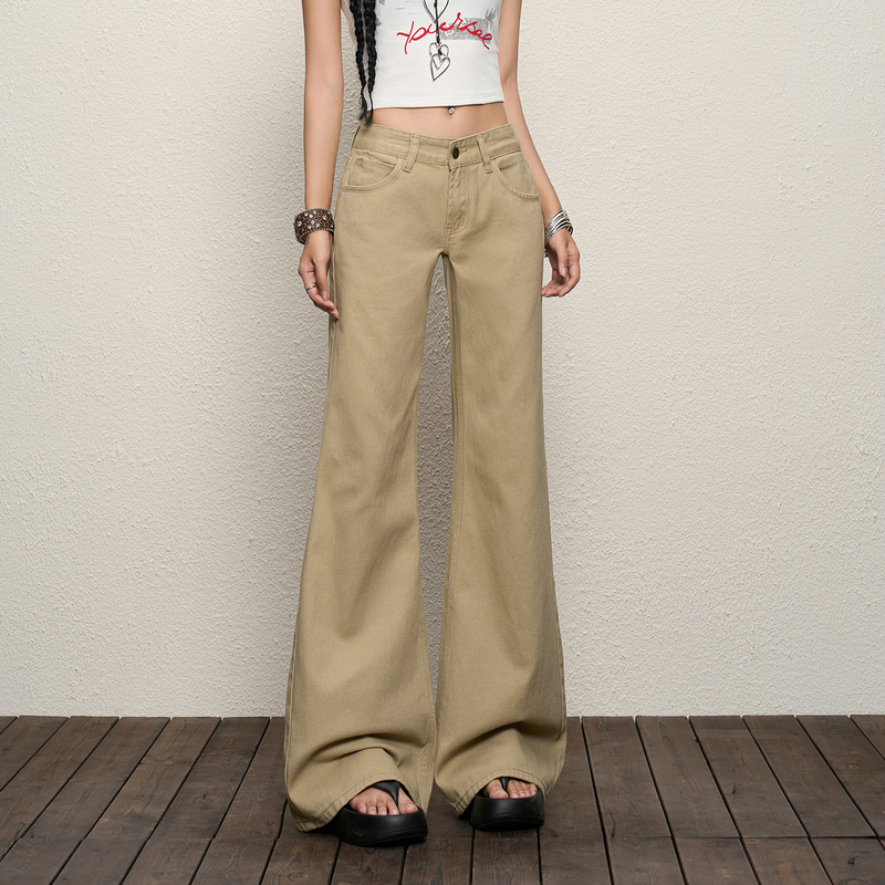 Tgxq Khaki Evening Breeze Low-Waisted Jeans for Women 2026 New Retro Loose American Style Flared Pants