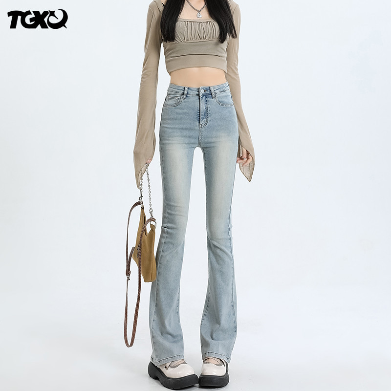 Tgxq American-Style Women's Jeans 2026 New High-Waisted Slim-Fit Stretch Washed Light Blue Petite Flared Pants