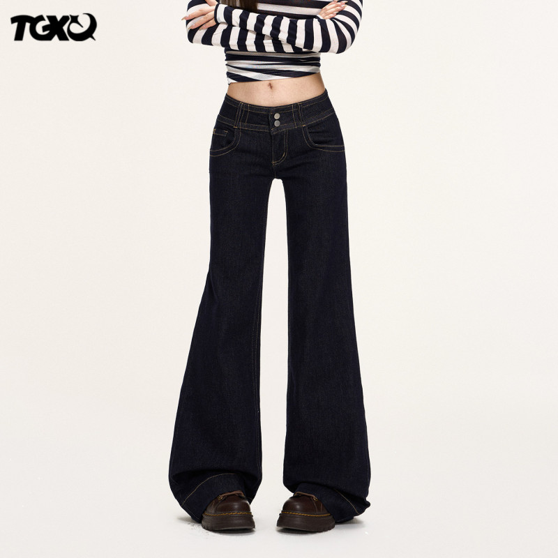 Tgxq Double-Button Raw Denim American-Style Low-Rise Jeans for Women 2026 New Style Hot Girl Non-Tight Flared Pants