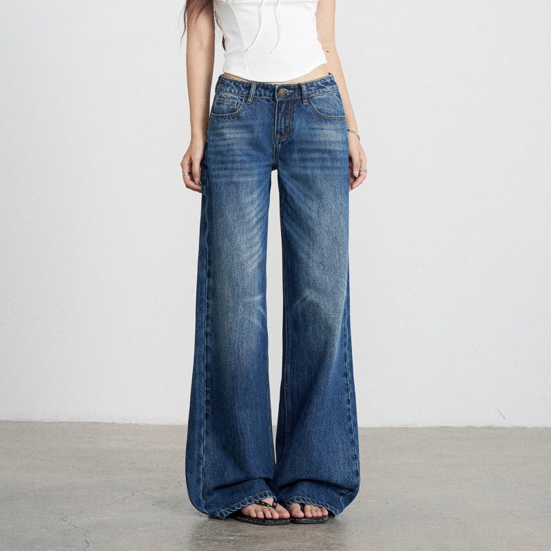 Tgxq Jennie Blue Whiskered Denim Jeans for Women 2026 New Straight-Leg Drapey Hot Girl Loose Wide-Leg Pants
