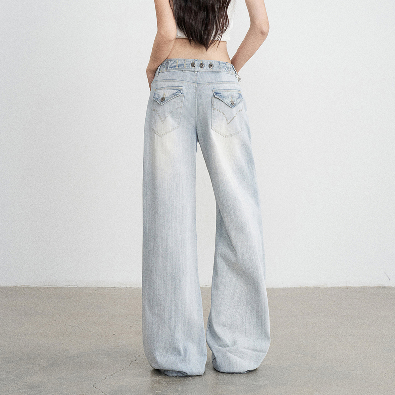 Tgxq Paris Button Ice Blue Bamboo Texture Jeans for Women 2026 New American Style Light Blue Straight Wide-Leg Pants