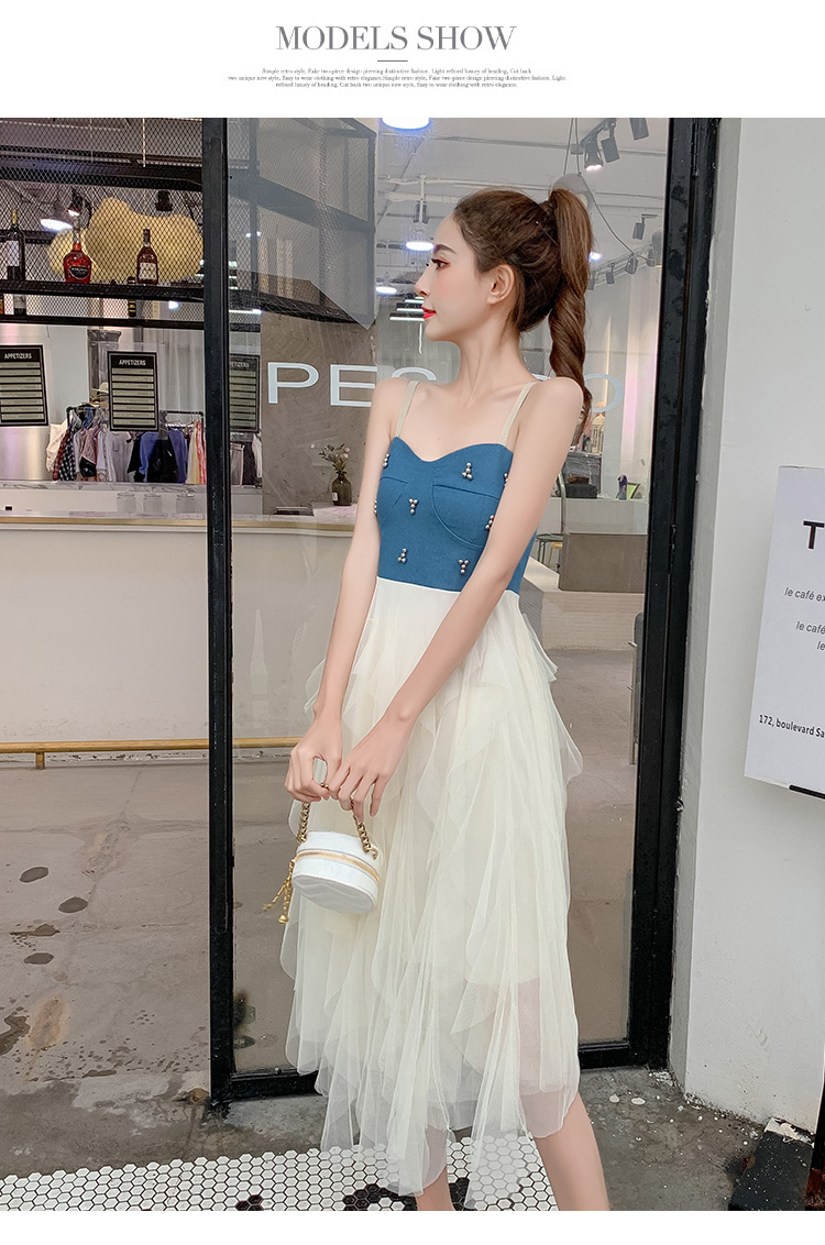 VK旗艦店 韓國風釘珠牛仔拼接網紗細肩帶無袖洋裝