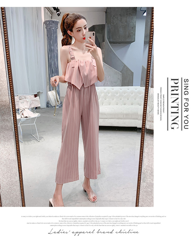 VK旗艦店 韓系時尚露肩條紋寬口褲連身褲套裝無袖褲裝