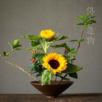 Handmade rough pottery retro flower arrangement bowl flower device Zen Japanese home decoration living room flower bowl