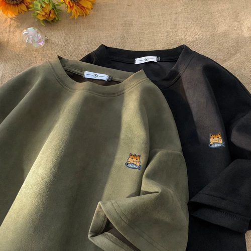 Летняя ретро бархатная зеленая футболка с коротким рукавом, в американском стиле, круглый воротник