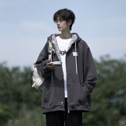 Japanese Harajuku Style Sweatshirt for Men, Spring and Autumn, Youth Niche Design, Plaid Patchwork Cardigan Hooded Jacket