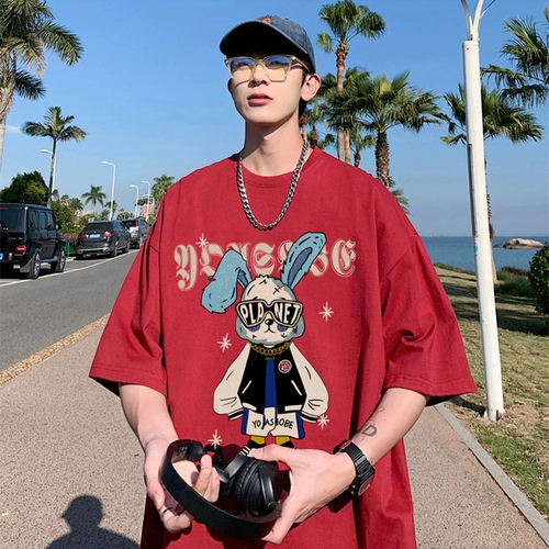 Кролик, красная трендовая ретро футболка с коротким рукавом, в американском стиле, большой размер, короткий рукав