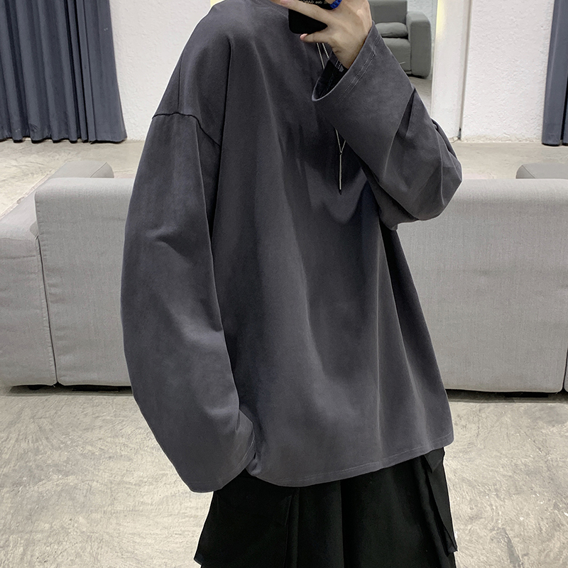 Casual Pure Color Long-Sleeved T-Shirt for Men, Spring and Summer Trendy Brand Hong Kong Style Round Neck Bottoming Shirt, Retro Loose Large Size Pure Cotton Top Casual Pure Color Long-Sleeved T-Shirt for Men, Spring and Summer Trendy Brand Hong Kong Style Round Neck Bottoming Shirt, Retro Loose Large Size Pure Cotton Top