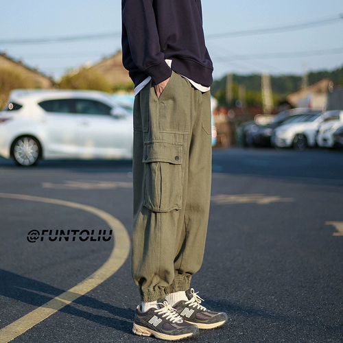 Зеленые японские штаны для отдыха, осенние, в американском стиле, свободный крой