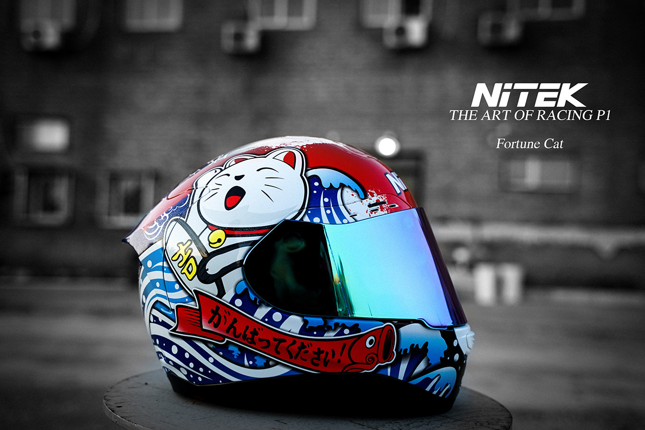 NITEK P1 lucky cat motorcycle carbon fiber full helmet racing road sports helmet Four seasons anti-fog motorcycle helmet