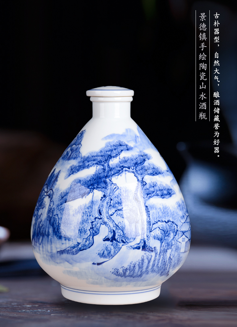 Hand - made 10 jins bottle of blue and white porcelain jars of jingdezhen manual mercifully decorative bottle bottle sealed jar of wine collection