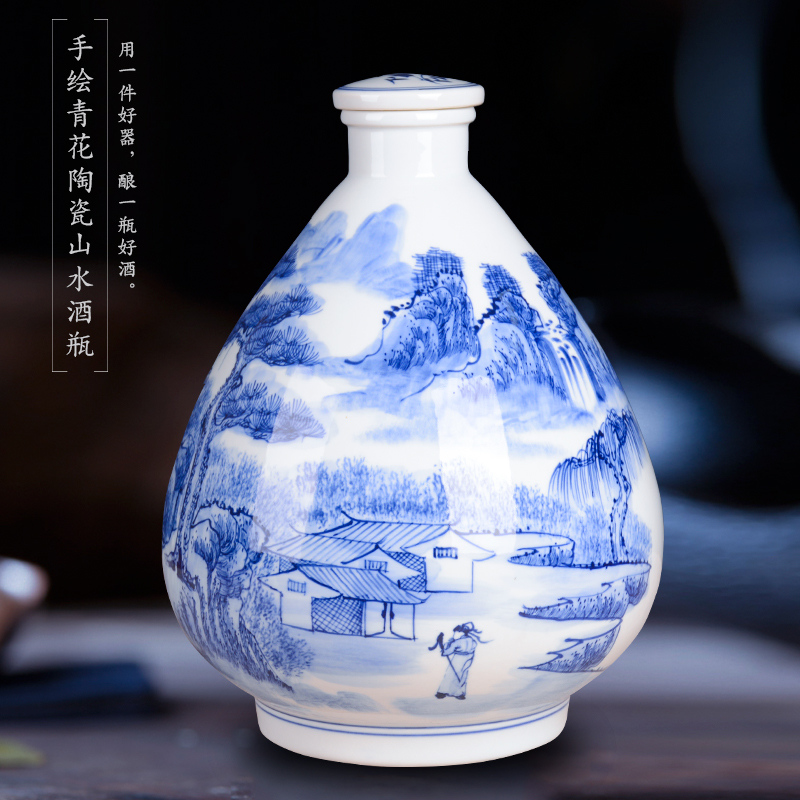 Hand - made 10 jins bottle of blue and white porcelain jars of jingdezhen manual mercifully decorative bottle bottle sealed jar of wine collection