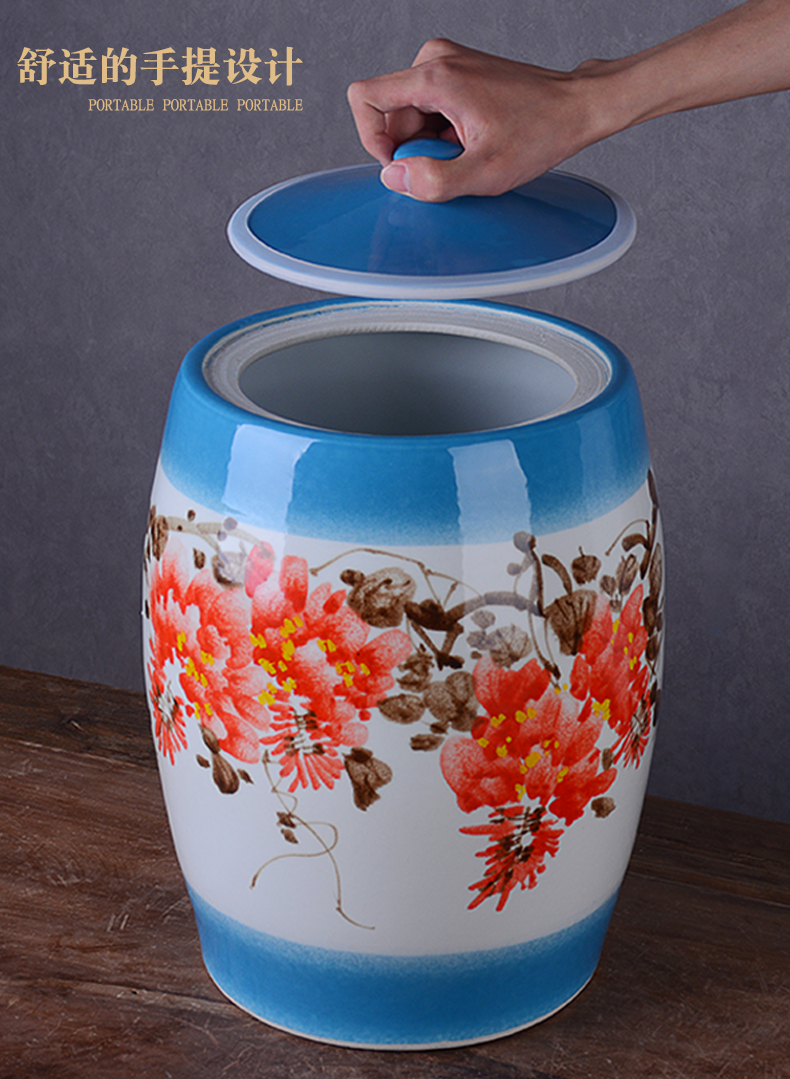 Jingdezhen hand - made ceramic barrel with cover 50 install archaize wind household 25 kg sealed old flour barrels in the kitchen