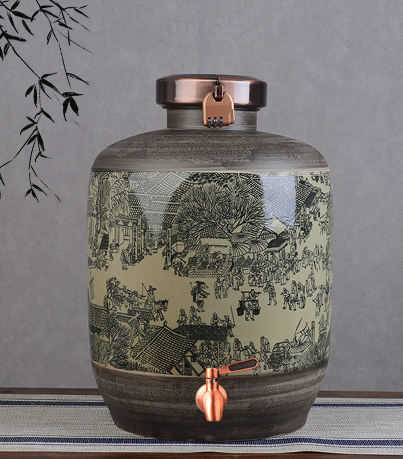 Archaize of jingdezhen ceramic mercifully wine jars home 20 jins 30 jins 50 put liquor cylinder qingming scroll sealed as cans