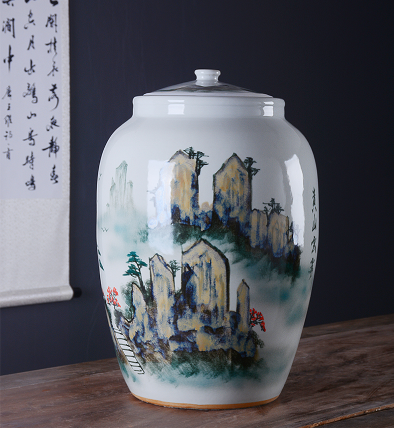 Jingdezhen hand - made ceramic barrel 50 pounds with cover 25 kg pack flour barrels of household kitchen old storage sealed as cans