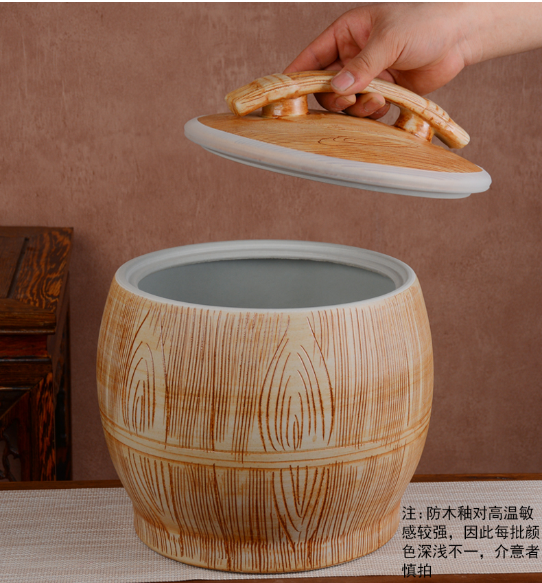 Jingdezhen ceramic barrel with cover ricer box 10 jins 20 jins 30 meters storage box imitation solid wood household seal storage tank