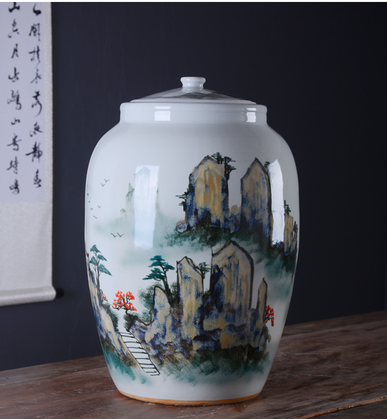 Jingdezhen hand - made ceramic barrel 50 pounds with cover 25 kg pack flour barrels of household kitchen old storage sealed as cans