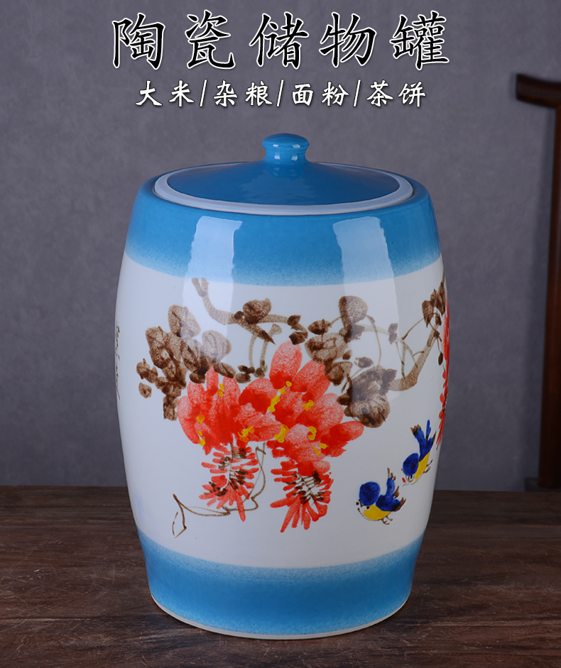 Jingdezhen hand - made ceramic barrel with cover 50 install archaize wind household 25 kg sealed old flour barrels in the kitchen