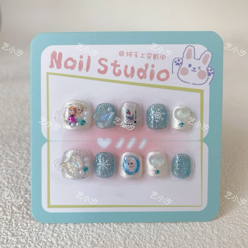 [Princess Elsa] Children's Wearable Nails, High-Quality Short Nails, Handmade Manicure, Princess Series Manicure for Ages 3-10