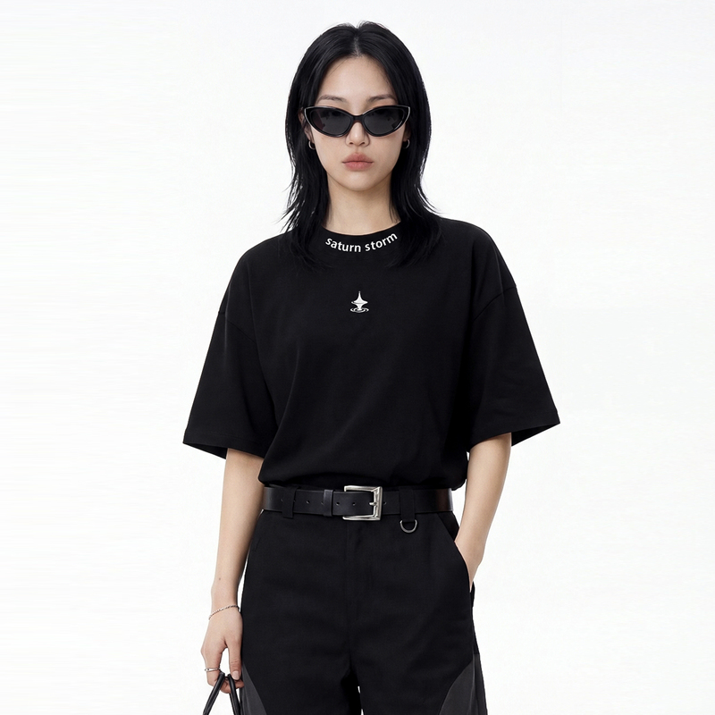 Saturnstorm Saturn Storm Original Collar Genderless Loose T-Shirt Off-Shoulder Breathable Trendyy Short-Sleeved Men and Women