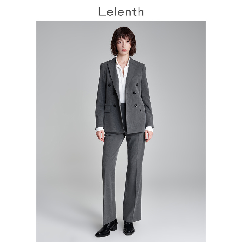 Lalensbu Gray Double-Breasted Professional Blazer for Women, Spring College Student Interview Formal Wear, Elegant Suit Set