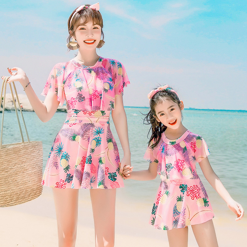 Pineapple print ins wind mother and daughter bathing suit Family parent-child outfit one-piece dress girl cute hot spring bathing suit female