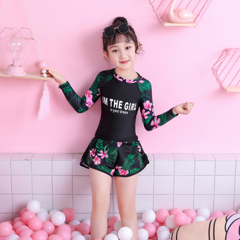 Children's swimsuit women's fashion print fresh cute ins wind long sleeves sunscreen baby split girls swimsuit girls