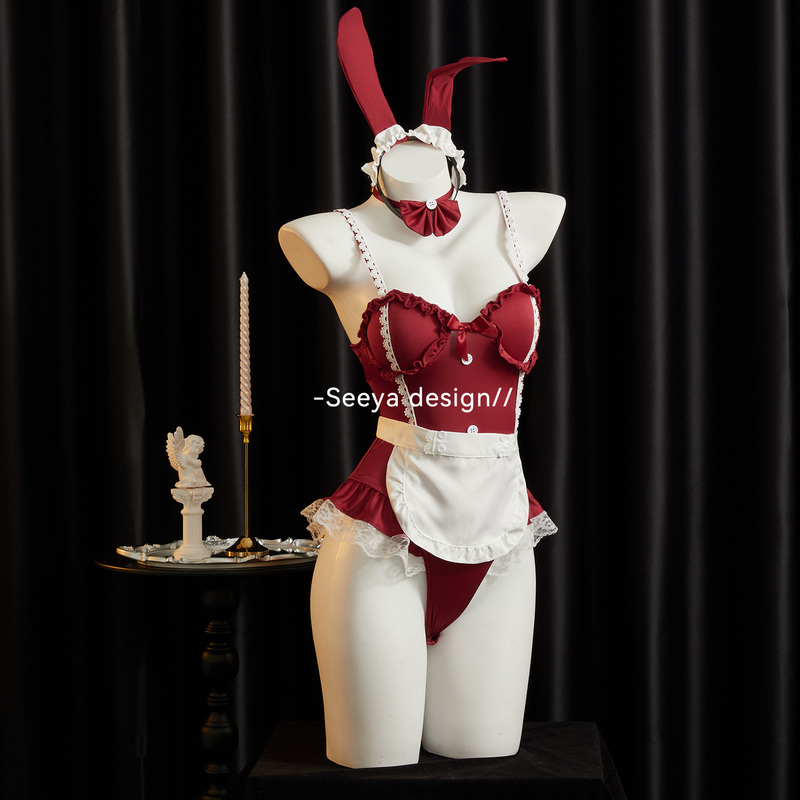 Seeya Sexy Maid Cosplay Bunny Girl One-Piece Lingerie with Underwire and Chest Pads, Pure Desire Style, Cute Red Qqny