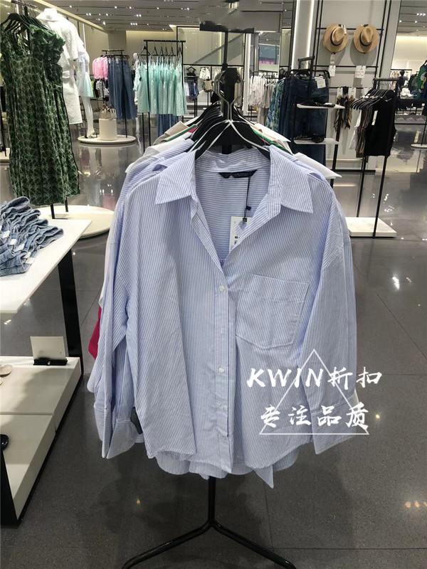 Spring and Autumn New Women's Casual Mid-Length Oxford Cotton Blue and White Striped Poplin Shirt 4387029
