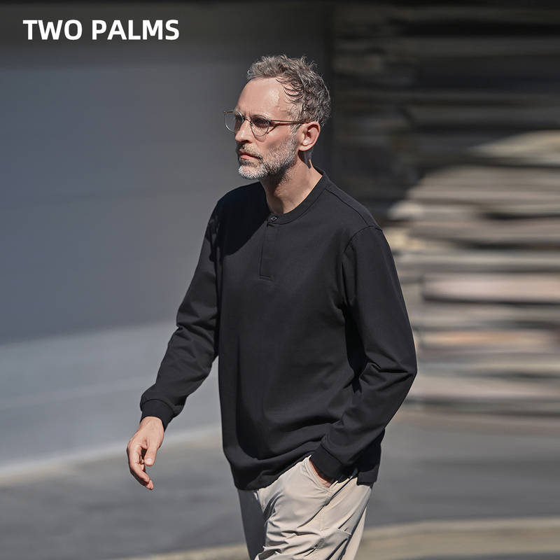 Two Palms Hidden Button Henley Shirt Anti-Wrinkle Commuter Retro Casual Henley Collar Long-Sleeve T-Shirt for Men Spring