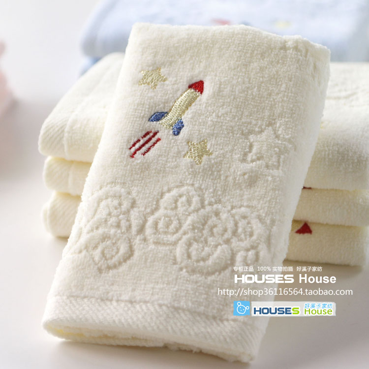 Gold Horn Pure Cotton Small Towel Cute Little Rocket Embroidery Cut Suede Children Towel Soft Absorbent Baby Wash Face Scour Towel