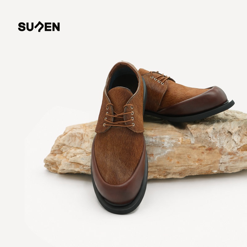 Suren 26 Autumn/Winter Women's Genuine Leather Loafers Retro Stylish Horsehair Derby Shoes Business Casual Lace-Up