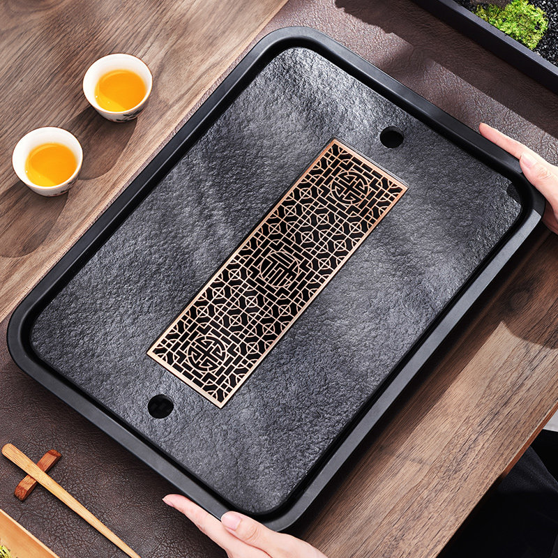 Wujin Stone tea tray household tea tray drain small luxury modern dry bubble table Japanese small tea table storage and drainage
