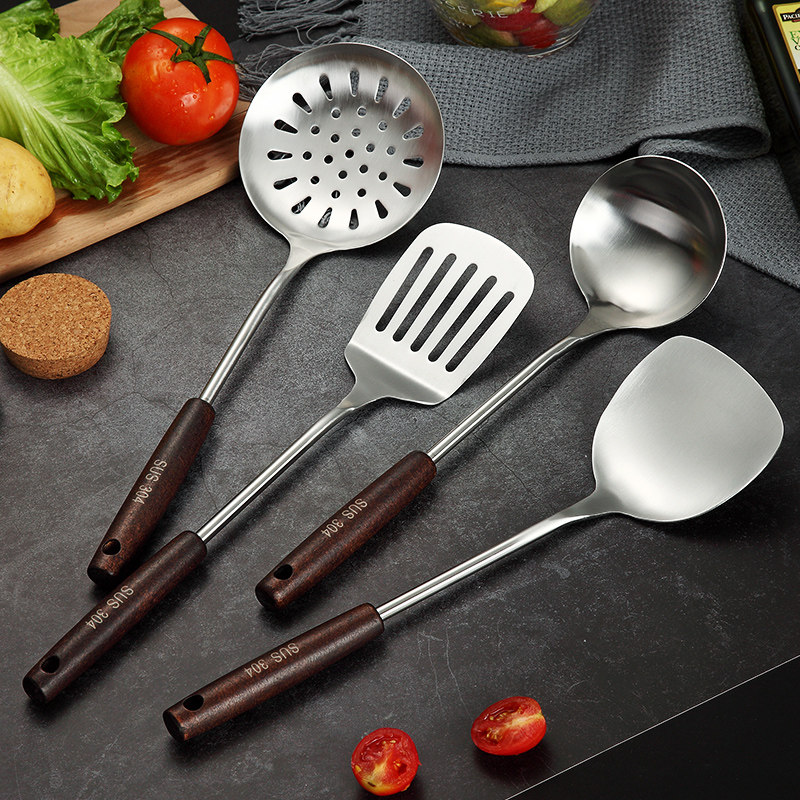 304 stainless steel wooden handle spatula frying shovel Household wooden spatula anti-scalding long handle spoon frying spoon Colander Kitchenware