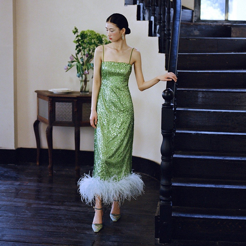 Niche retro lotus leaf green bridal morning gown Chinese style engagement sequin dress wedding senior ostrich feather toast clothing