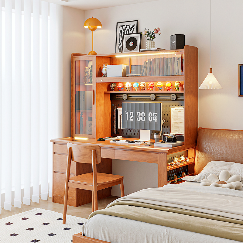 Solid Wood Large Desk Bookshelf Integrated Bedroom Cherry Wood Study Table Study Room Bookcase Writing Workbench Computer Desk