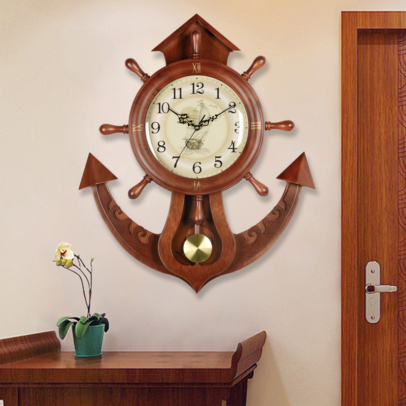 Han clock watch wall clock Living room household clock wall hanging creative European style decoration silent wall clock solid wood rudder wall clock