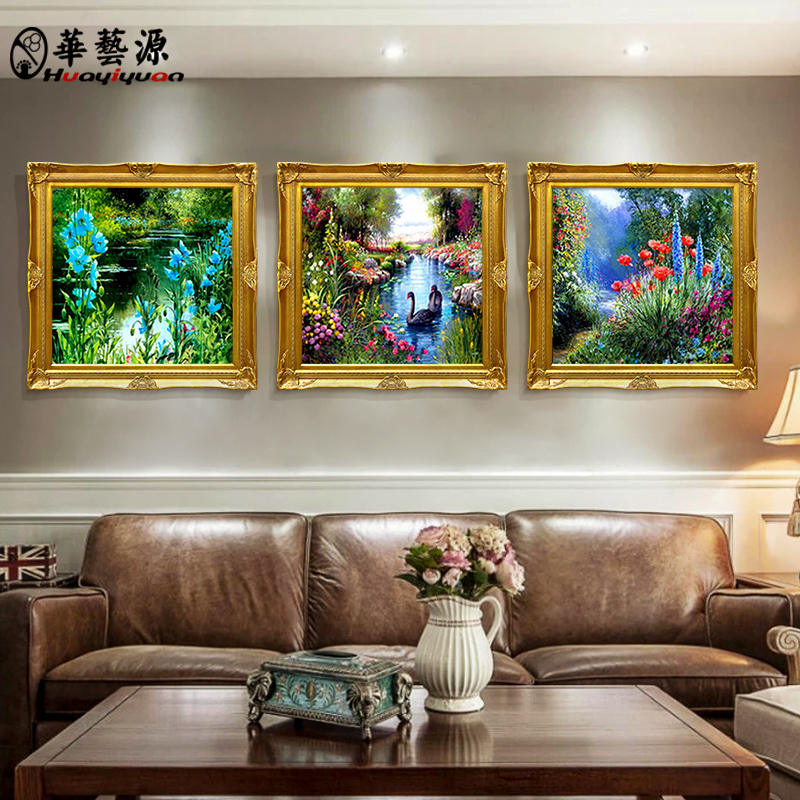 American hand-painted dining room oil painting European landscape hanging painting Horizontal entrance wall wall painting Living room decorative painting Swan customization