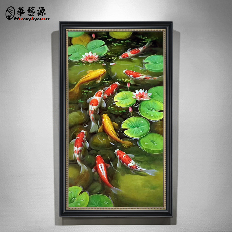 New Chinese pure hand-painted oil painting Entrance living room decorative painting Vertical version corridor aisle Nine fish lotus hanging painting mural