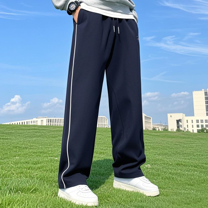 A Pair of Striped Sweatpants for Men, Summer Thin Straight-Leg Joggers, Dark Blue/Navy Blue School Uniform Pants for Middle and High School Students