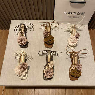 干枯玫瑰仙女风交叉绑带粗跟夏季高级感设计感小众花朵外穿凉鞋女