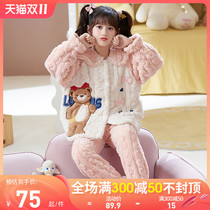 Coral fleece childrens pajamas autumn and winter thickened style girls flannel medium big childrens cartoon girls loungewear set