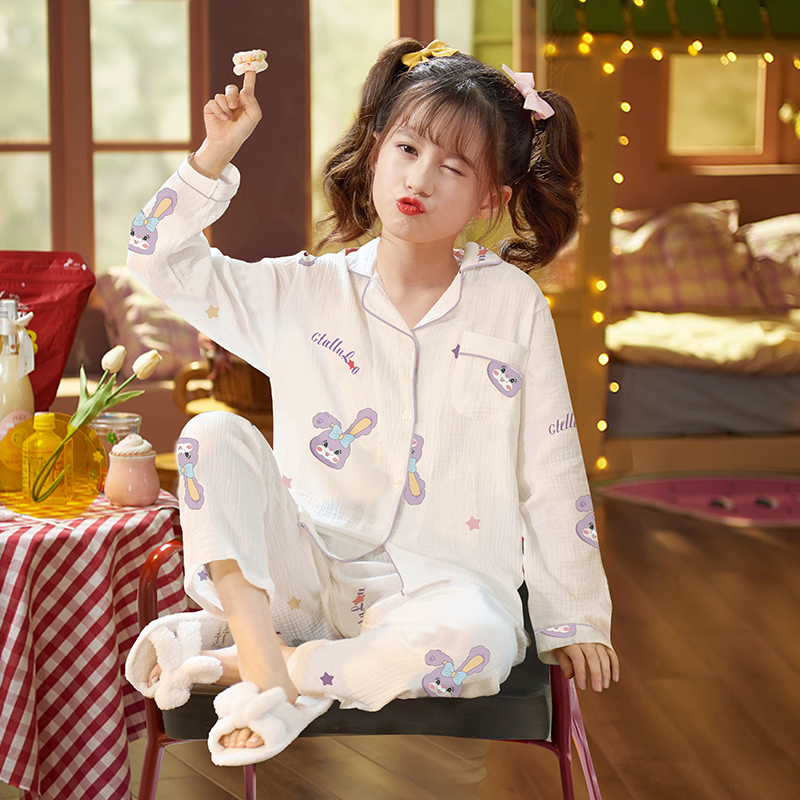 Children's pajamas girls spring and autumn pure cotton long-sleeved thin cotton yarn suit middle-aged children and girls parent-child mother-daughter home clothes