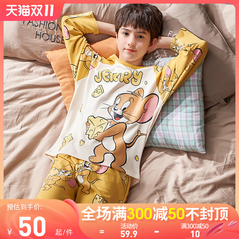 Children's pajamas boys spring and autumn long-sleeved cotton suits 12 years old middle-aged children's little boys thin cartoon home clothes