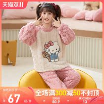 Childrens sleepwear autumn and winter thick coral fleece girl flannel girl middle and big childrens cute loungewear set