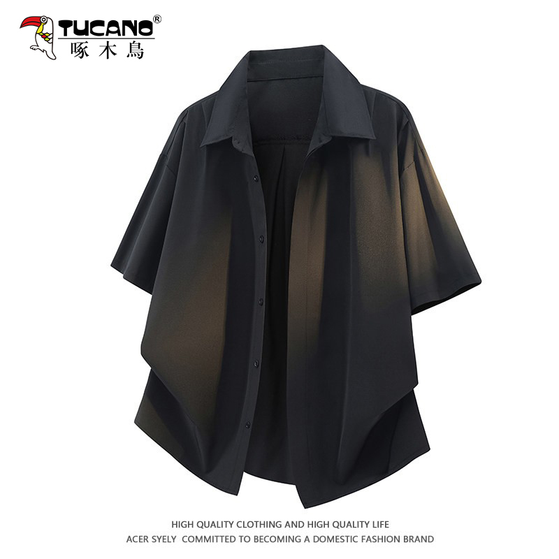 Woodpecker Black Ice Silk Short-Sleeved Shirt for Men, Summer Thin Style, High-End Lapel Top, Casual Shirt Jacket