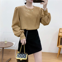 424 Korean version of boutique womens round neck chain base shirt coat autumn and winter New bubble long sleeve Joker casual T-shirt