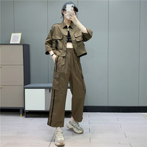 331 Korean version of seven-point sleeve short top casual elastic waist trousers overalls style two-piece autumn new womens clothing