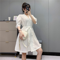 789 Korean slim V-neck dark buckle dress summer new womens solid color temperament medium womens skirt
